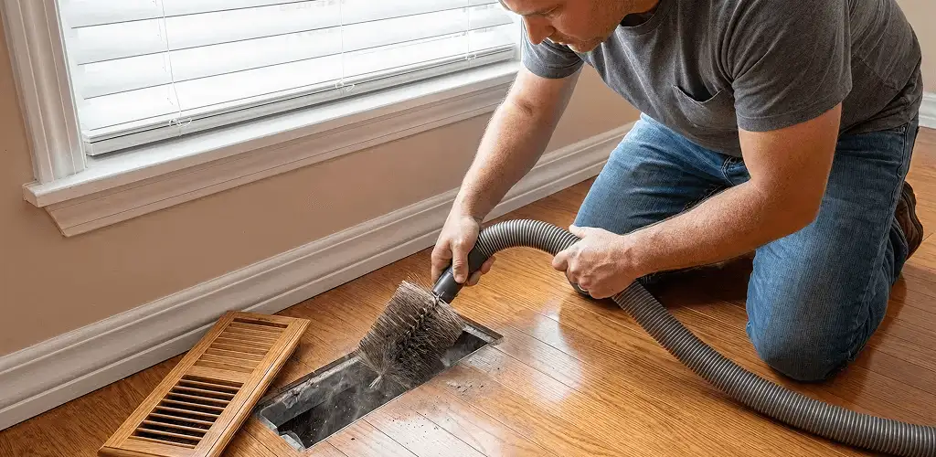 Air duct cleaning technician vacuuming a floor vent and duct opening in Clearwater, FL