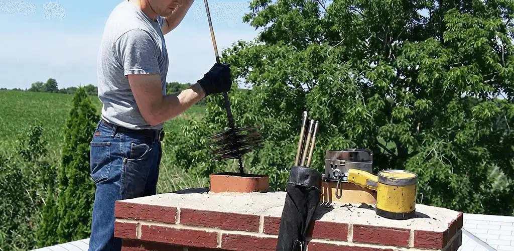 Chimney cleaning technician working on a rooftop chimney with professional tools in Clearwater, FL