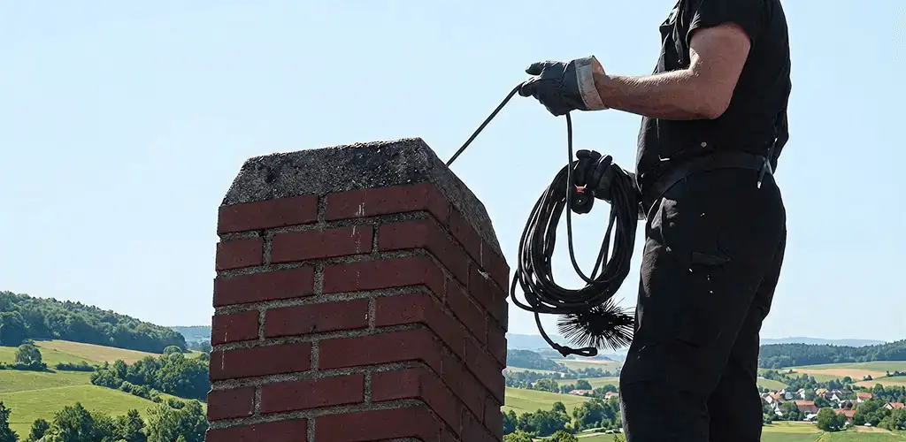Chimney sweep inspecting and cleaning a rooftop chimney in Clearwater, FL