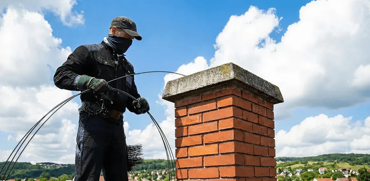 Chimney sweep cleaning a brick chimney with professional tools in Clearwater, FL