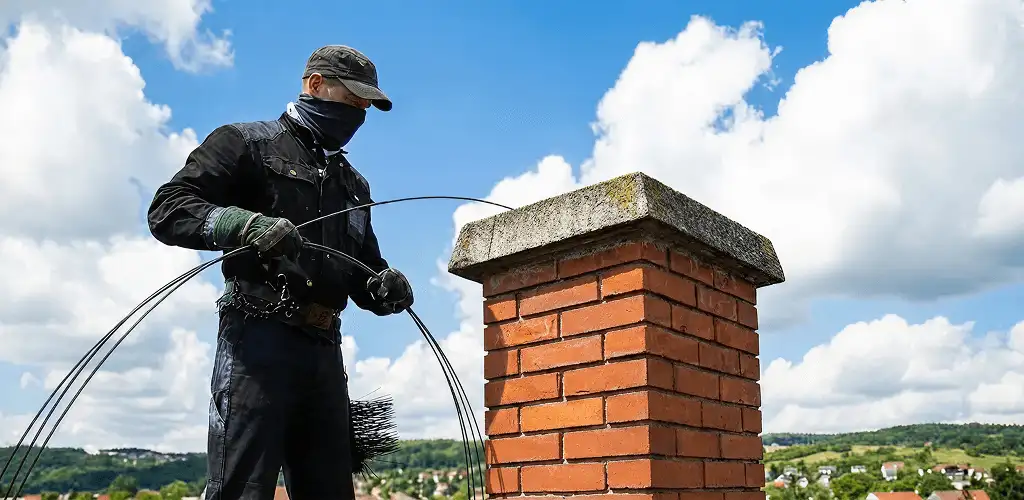 Chimney sweep cleaning a brick chimney with professional tools in Clearwater, FL
