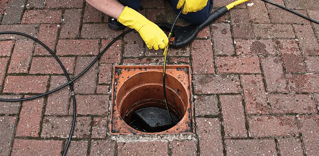 Drain cleaning technician using a drain snake to clear a clogged drain in Clearwater, FL