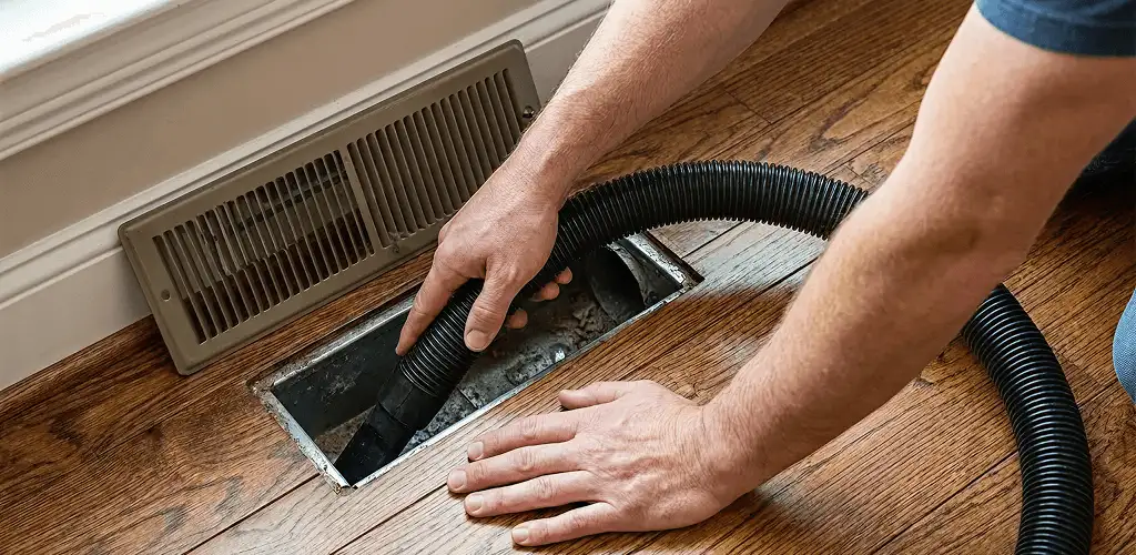 Air duct cleaning technician vacuuming a floor register and duct opening in Clearwater, FL