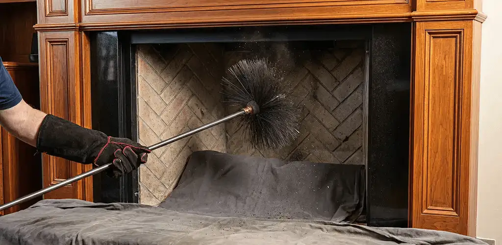 Chimney cleaning service brushing soot from a fireplace and flue in Clearwater, FL