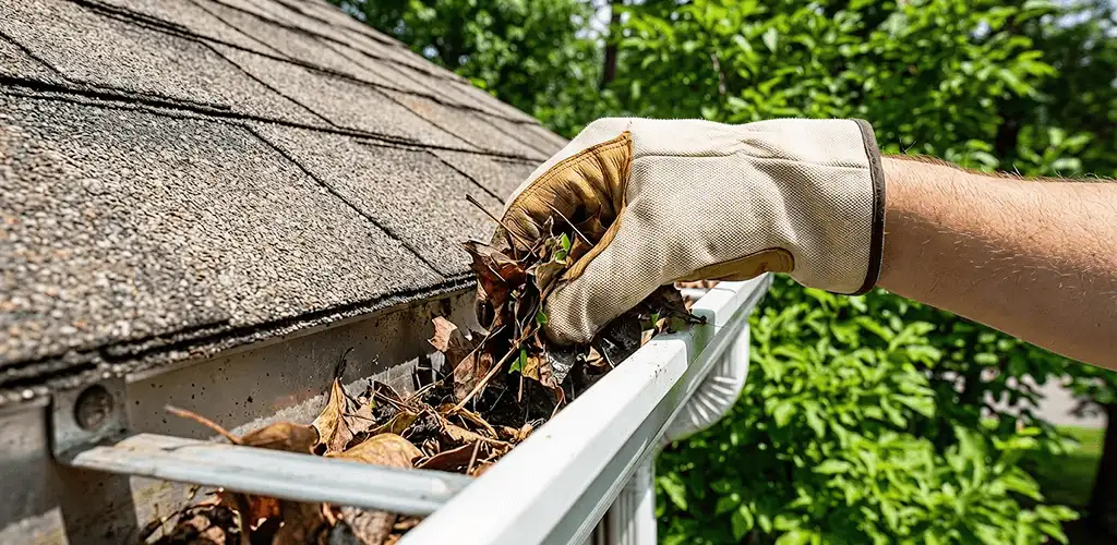 Gutter cleaning removing leaves and debris from roof gutters in Clearwater, FL