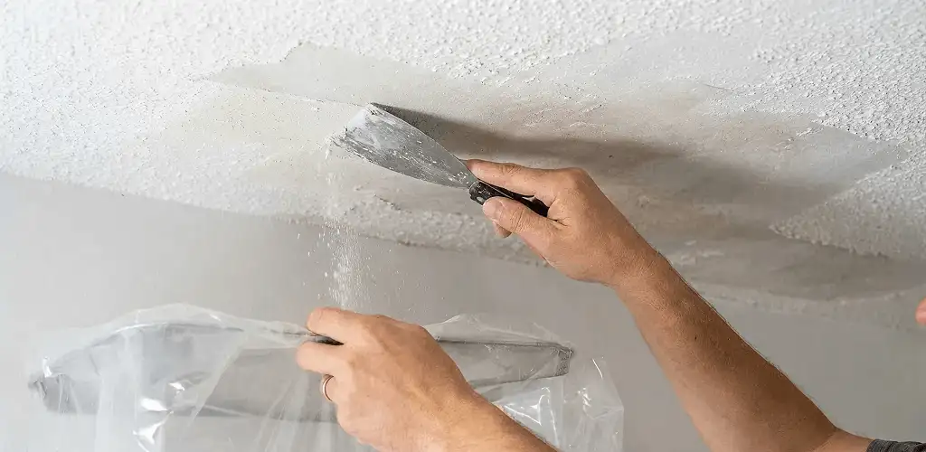 Popcorn ceiling removal technician scraping texture from a ceiling in Clearwater, FL