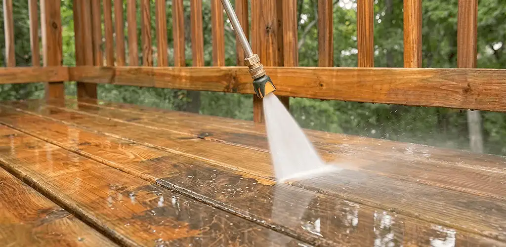 Pressure washing a wood deck to remove dirt and buildup in Clearwater, FL