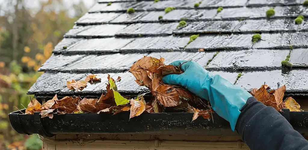 Gutter cleaning technician clearing wet leaves from roof gutters in Clearwater, FL