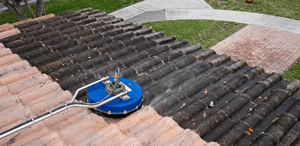 Roof pressure cleaning removing debris and buildup from roof tiles in Clearwater, FL