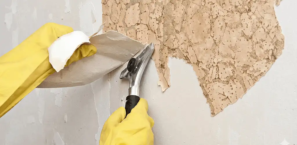 Wallpaper removal service stripping old wallpaper from a wall in Clearwater, FL