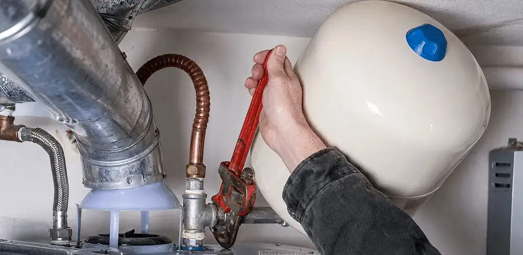 Water heater repair technician tightening plumbing connections near a tank unit in Clearwater, FL